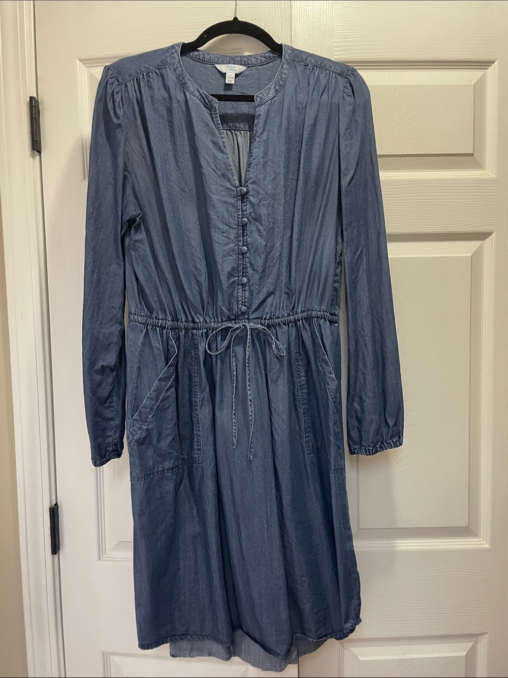 Time and Tru Blue Long Sleeve Tie-Waist Chambray Dress